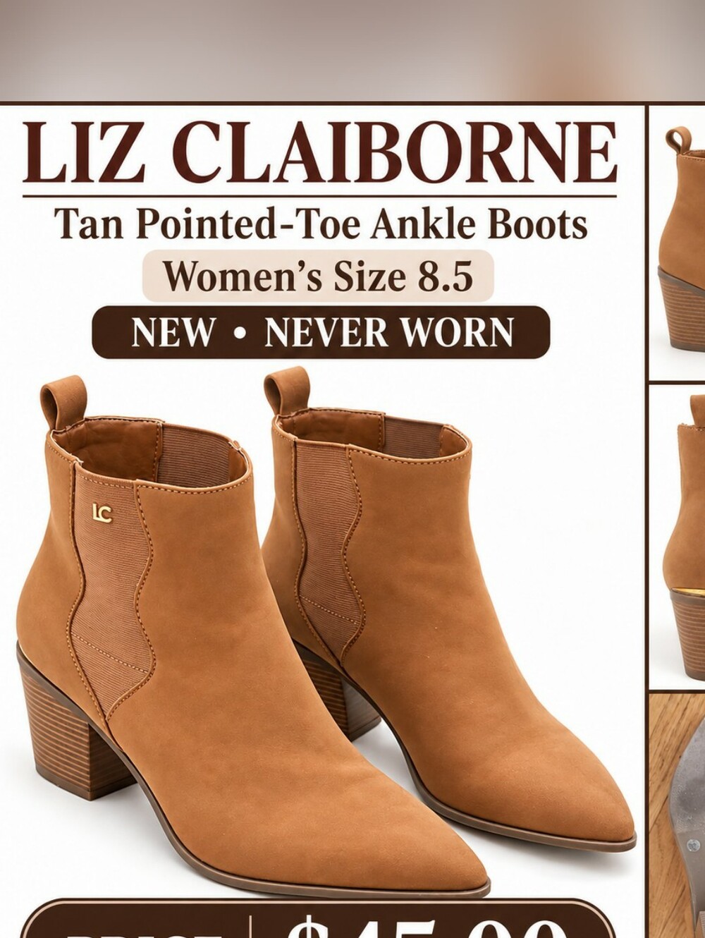 Liz Claiborne Tan Pointed-Toe Ankle Booties with Stacked Heel- Size 8.5